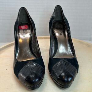 Alfani Paulette Black Snake Skin Leather and Suede Patchwork Platform Heels